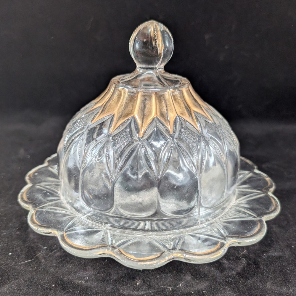 Vintage Pressed Glass Round‎ Butter Dish Gold Trim Scalloped Edge Sunburst Dome